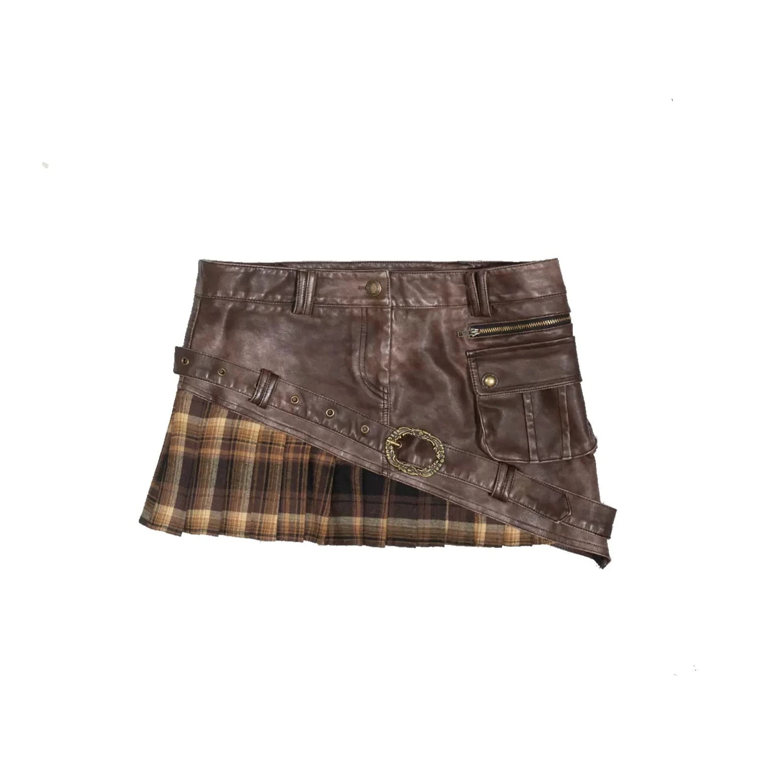 【ランキング5位】Half Check Leather Pleated Skirt SL10011
