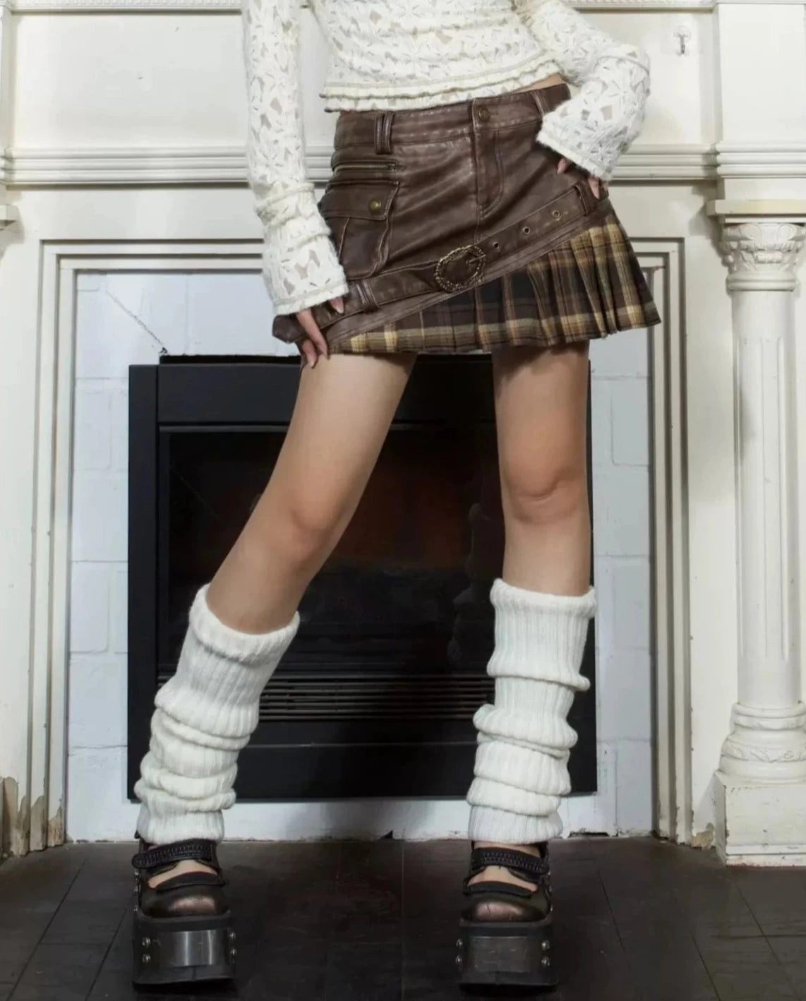 Half Check Leather Pleated Skirt SL10011